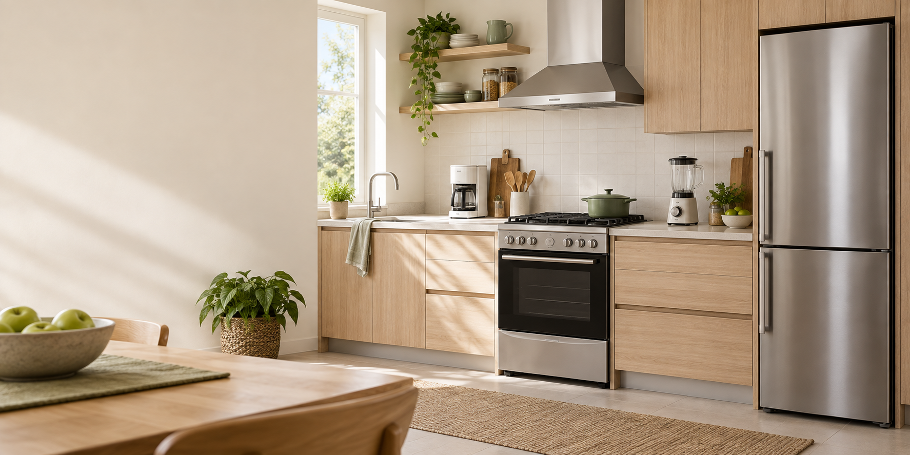Cocina luminosa con electrodomésticos para el hogar
